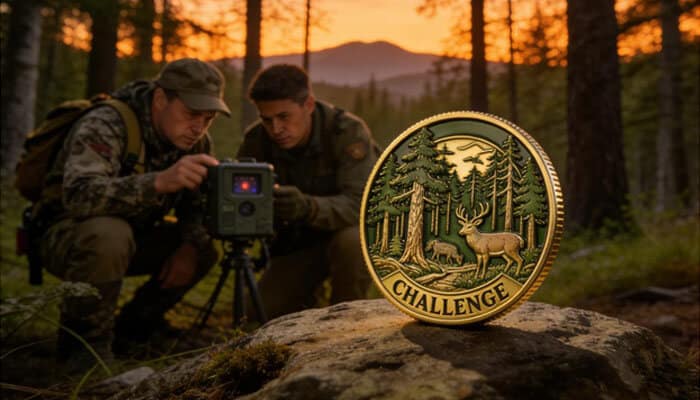 Laws for Hunters - My Legal Opinion How Do Game Conservation Laws Affect Hunters exploring wildlife monitoring with a challenge coin symbol in a forest setting