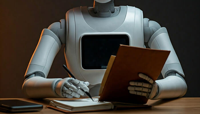 AI-powered robot drafting legal documents, illustrating how AI tools assist lawyers in writing, reviewing, and automating legal paperwork.