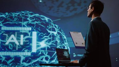 Legal professional analyzing AI data visualization, representing how AI tools support legal work through smart research and automation.