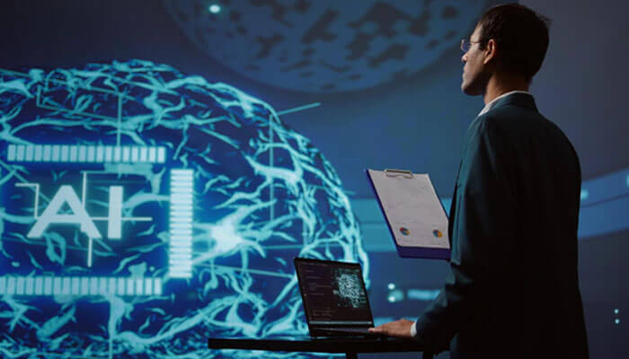 Legal professional analyzing AI data visualization, representing how AI tools support legal work through smart research and automation.