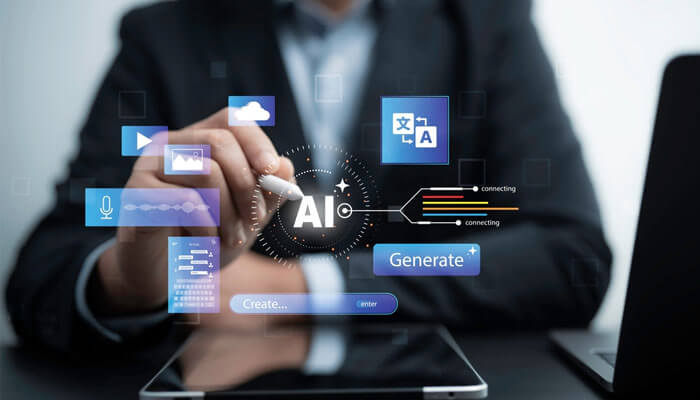Person using a laptop with digital compliance icons, representing the use of an AI Translation Tool for multilingual regulatory documentation.
