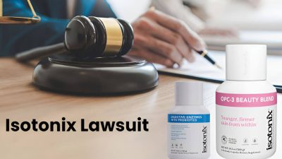 A judge’s gavel beside Isotonix supplement bottles with the text “Isotonix Lawsuit,” representing legal controversy surrounding Market America’s health products.