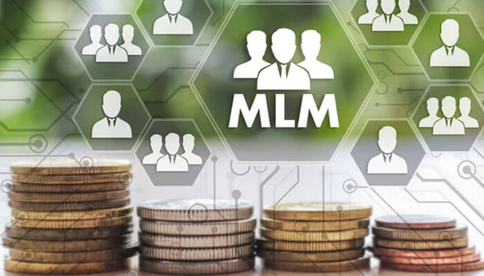 Stacked coins in front of MLM (Multi-Level Marketing) network icons, symbolizing financial controversy tied to the Isotonix lawsuit and its business model.