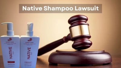 Native Shampoo Lawsuit image showing Native shampoo bottles and a judge's gavel symbolizing legal action and product safety concerns.