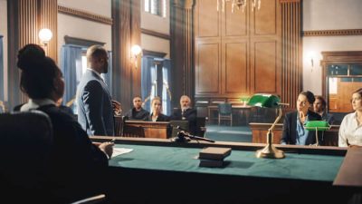 A courtroom scene during a family lawsuit, with a judge, lawyers, and relatives present, highlighting the legal process of resolving family disputes.