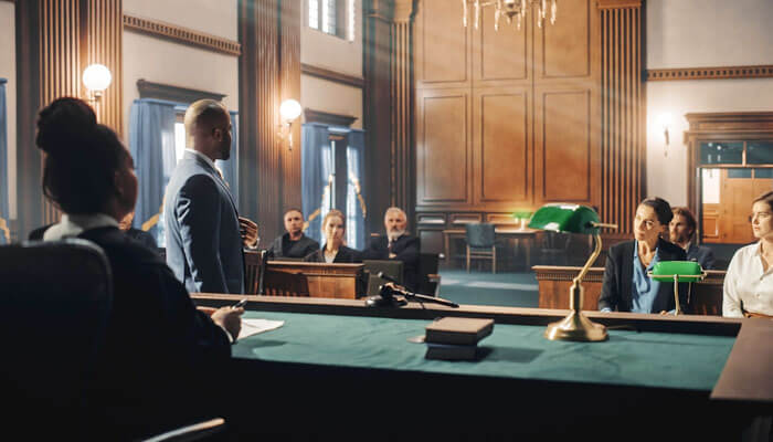 A courtroom scene during a family lawsuit, with a judge, lawyers, and relatives present, highlighting the legal process of resolving family disputes.