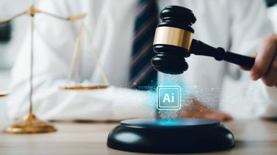 A judge using a gavel with digital AI Tools hologram, symbolizing artificial intelligence transforming the legal profession.