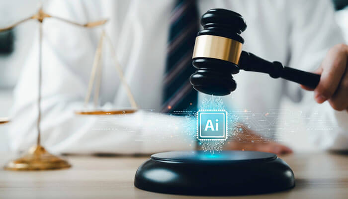 A judge using a gavel with digital AI Tools hologram, symbolizing artificial intelligence transforming the legal profession.