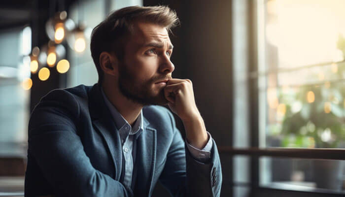 Professional man thoughtfully considering improvements to his business model in a modern office setting