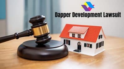 A gavel placed on a wooden table with a miniature house and the text 'Dapper Development Lawsuit' in the background, representing legal disputes in real estate development.