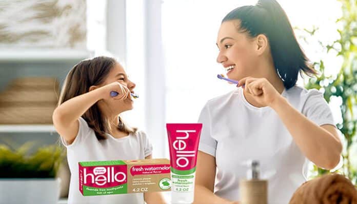 Mother and daughter brushing teeth with Hello toothpaste products, highlighting family concerns and safety issues from the Hello Toothpaste Lawsuit.