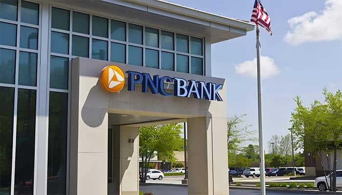 Exterior view of a PNC Bank branch, representing financial controversies and legal issues tied to the PNC Retirement Account Cash Sweep Lawsuit.