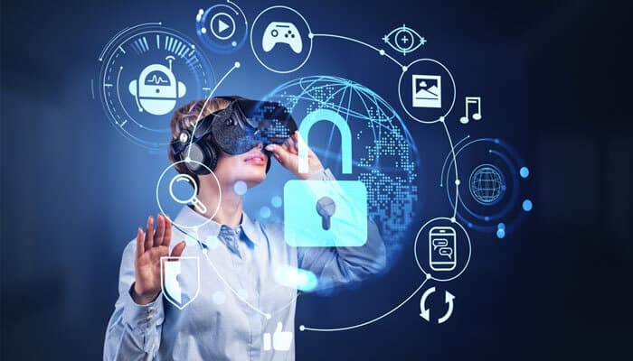 A person using VR technology surrounded by digital icons of security, gaming, and data, representing innovation in Cloud vs On-Prem Legal Tech solutions.