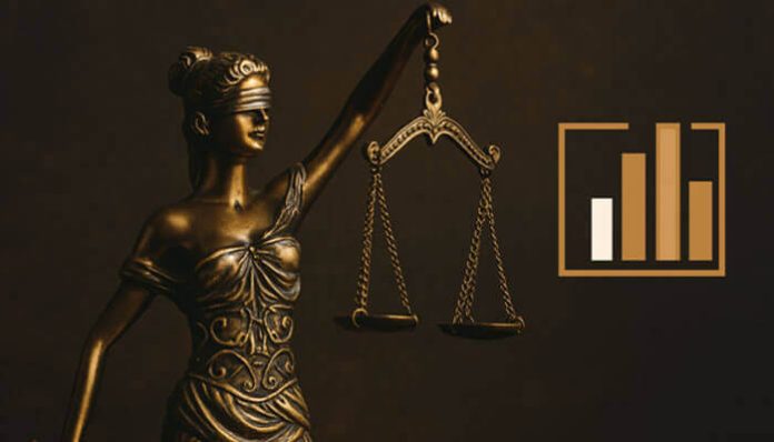 Statue of Lady Justice holding scales beside a bar chart icon, symbolizing legal performance metrics and Attorney Rankings.