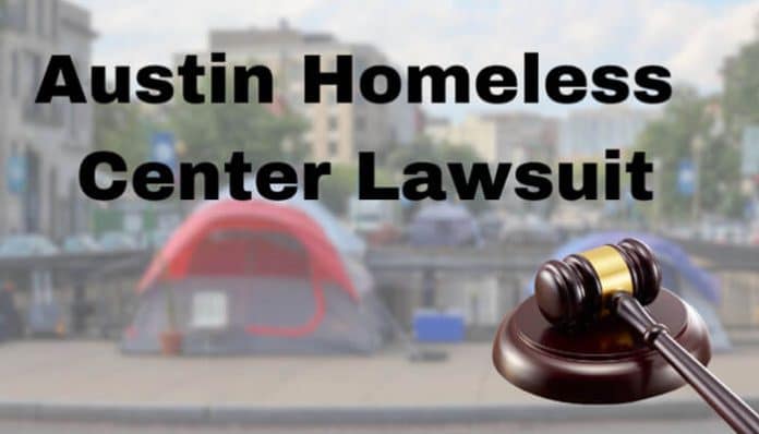 Austin homeless center lawsuit concept showing tents symbolizing homelessness with a judge’s gavel representing legal action