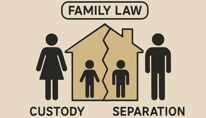 Family Law illustration showing custody and separation with parents divided by a broken house and children in the middle.