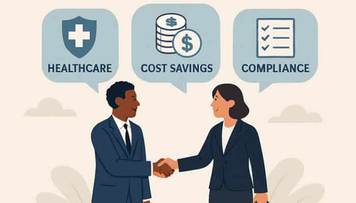 Partnering with a PEO illustrated by two business professionals shaking hands, highlighting benefits like healthcare, cost savings, and compliance.