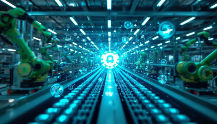 Advanced manufacturing facility with robotic arms working on a conveyor belt, showcasing the integration of legacy apps into modern digital transformation processes in manufacturing.