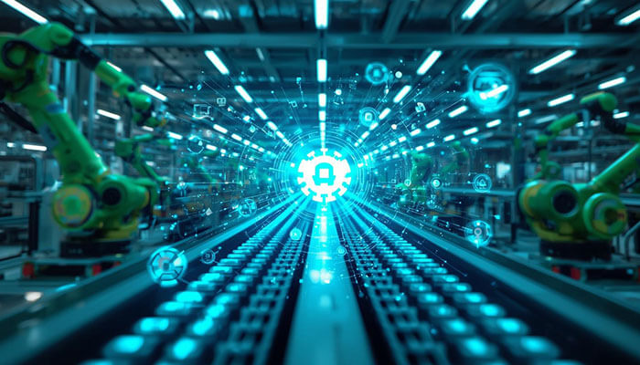 Advanced manufacturing facility with robotic arms working on a conveyor belt, showcasing the integration of legacy apps into modern digital transformation processes in manufacturing.