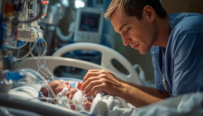 A doctor gently caring for a newborn baby in a hospital intensive care unit, highlighting medical attention and practices related to How to Prevent Birth Injuries.