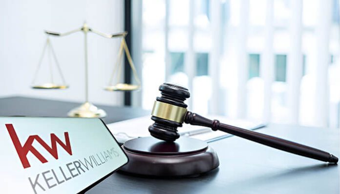 Gavel and justice scales on a desk beside a Keller Williams logo, symbolizing the Keller Williams lawsuit and legal proceedings.