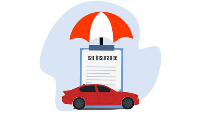Illustration of a red car under an umbrella with a car insurance policy, symbolizing Vehicle Insurance Costs in Red Deer and protection options.