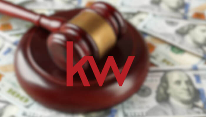 Keller Williams lawsuit concept with a judge’s gavel over US dollar bills, symbolizing legal settlement and financial penalties.