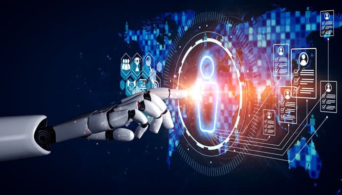 A robotic hand interacting with digital employee profiles on a futuristic screen, symbolizing AI automation in