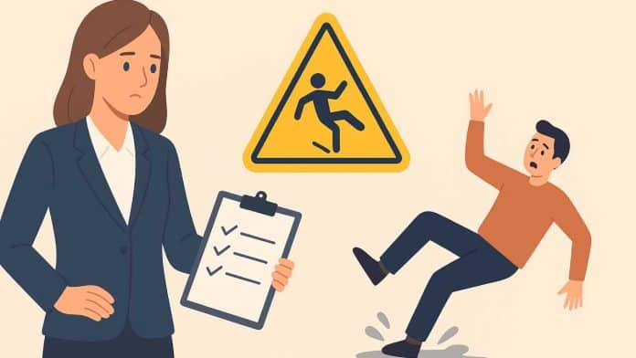 Illustration of a Slip and Fall Accident showing a person slipping on a wet floor, a warning sign, and a woman holding a checklist — representing steps to claim Slip and Fall Accident compensation.