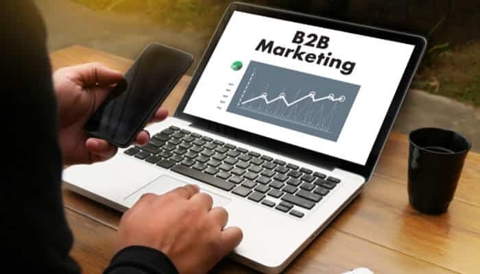 A professional working on a laptop displaying B2B Marketing analytics with growth charts, symbolizing data-driven strategies by a leading B2B Marketing Agency..