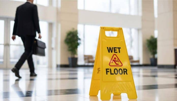 A yellow wet floor warning sign inside a commercial building with a person walking in the background — a scenario often reviewed by Commercial Injury Lawyers in premises liability cases.