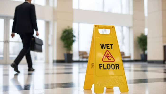 A yellow wet floor warning sign inside a commercial building with a person walking in the background — a scenario often reviewed by Commercial Injury Lawyers in premises liability cases.