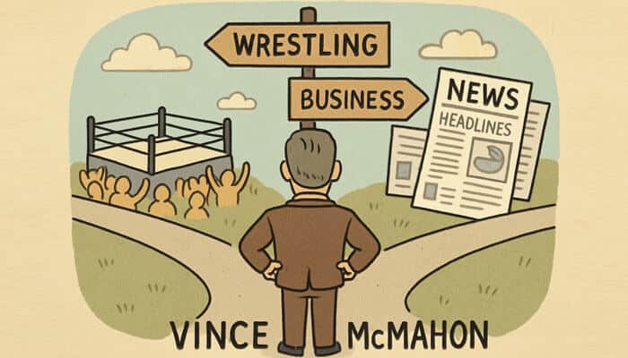 Illustration of Vince McMahon standing at a crossroads between wrestling and business, symbolizing his
