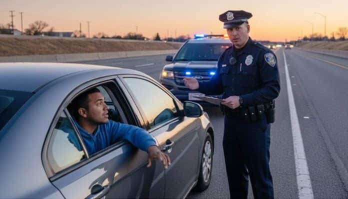 A police officer interacts with a driver after a commercial vehicle accidents, demonstrating how important it is to remain calm and cautious during such situations.