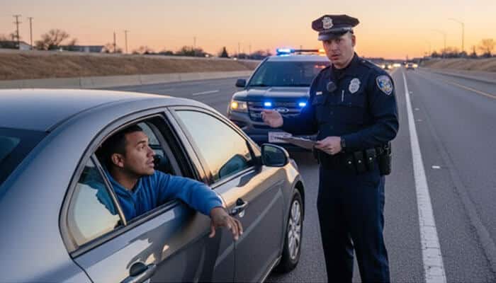A police officer interacts with a driver after a commercial vehicle accidents, demonstrating how important it is to remain calm and cautious during such situations.