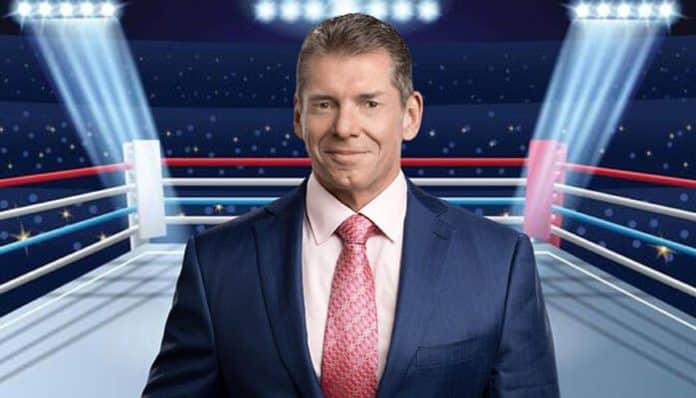 Vince McMahon standing confidently in front of a WWE wrestling ring under bright arena lights, symbolizing