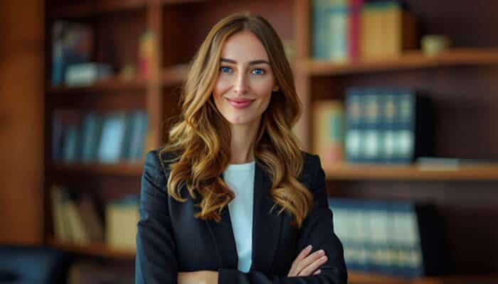 Female attorney standing confidently in a law office, representing legal expertise and support for clients facing a family law case.