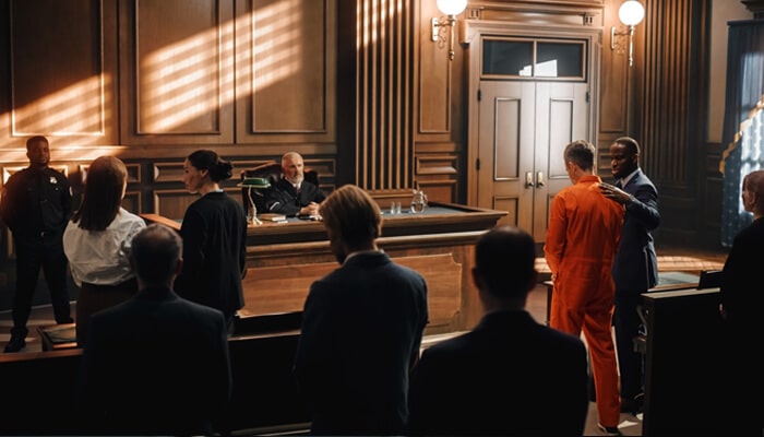 Federal courtroom scene showing defendant and attorneys after a case becomes federal.