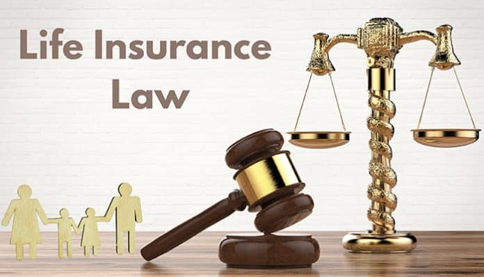 Life Insurance And The Law illustrated with legal scales and gavel, representing legal obligations and regulations governing life insurance policies.