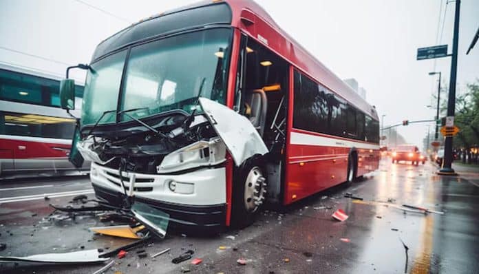 Non-Collision Bus Injuries risk illustrated by a damaged city bus, highlighting passenger harm that can occur without direct vehicle impact.