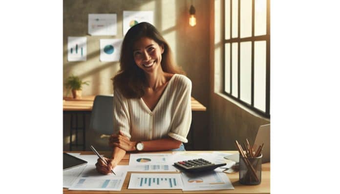 A small business owner reviewing financial documents, representing the process of funding a business without new debt and managing cash flow effectively.