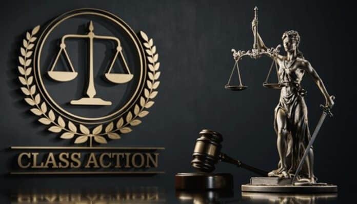 Legal gavel, scales, and Lady Justice symbolizing Class Action Lawsuits and mass claims