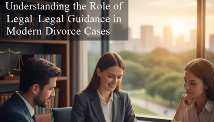 Lawyer meeting with clients to provide legal guidance in modern divorce cases.