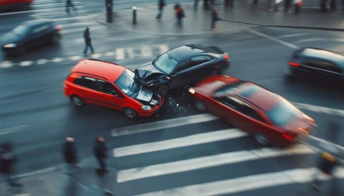 Multi-car collision at an intersection illustrating how multiple-party personal injury cases arise when several drivers may share liability.