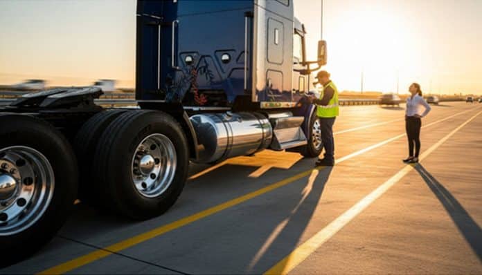 Ohio Commercial Trucking Laws illustrated by a commercial truck undergoing roadside inspection by safety officers on an Ohio highway.