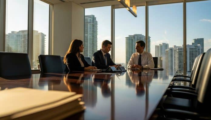 Business meeting in a modern office setting with a group of professionals discussing a car accident settlement in Florida.