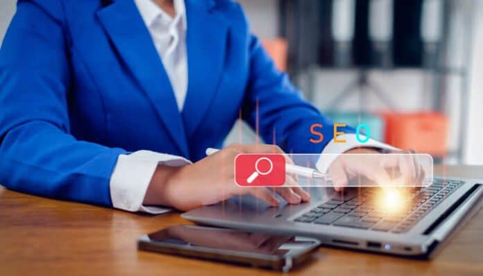 Professional working on a laptop with SEO tools visible, aiming to improve Law Firms Search Rankings and optimize Lawyer SEO