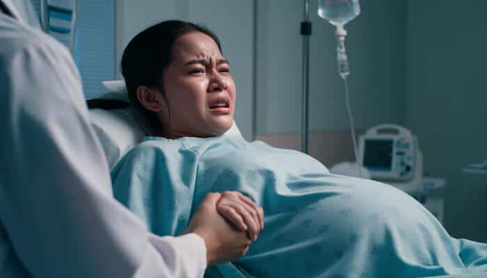 Situations That Increase Risk During Assisted Delivery - Mylegalopinion - My Legal Opinion Pregnant woman in labor experiencing pain in a hospital bed, representing maternal risks and Assisted Delivery Complications during childbirth.