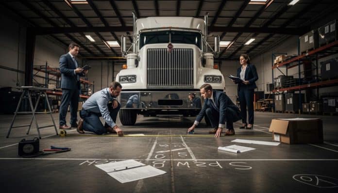 Experts investigating a Texas 18-wheeler accident, analyzing evidence and inspecting the truck at the scene.