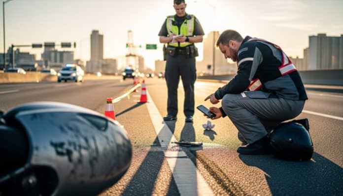 Police investigating a motorcycle accident in Virginia Beach, documenting evidence at the scene.